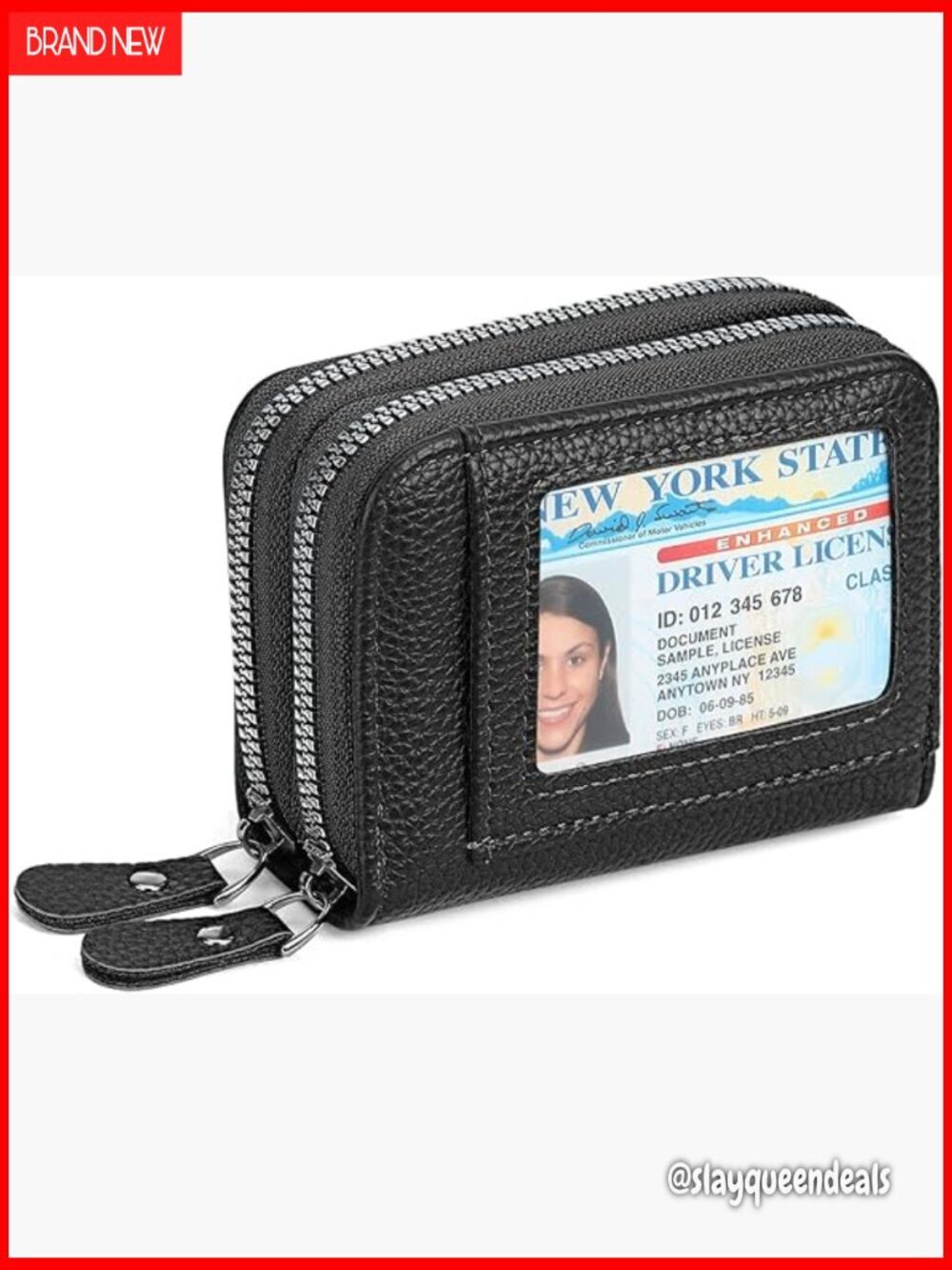 Leather RFID Blocking Card Holder Wallet with Double Zipper and ID Window